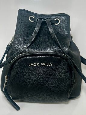 Jack Wills Black Pebbled Faux Vegan Leather Drawstring Mini Crossbody Buckle Bag